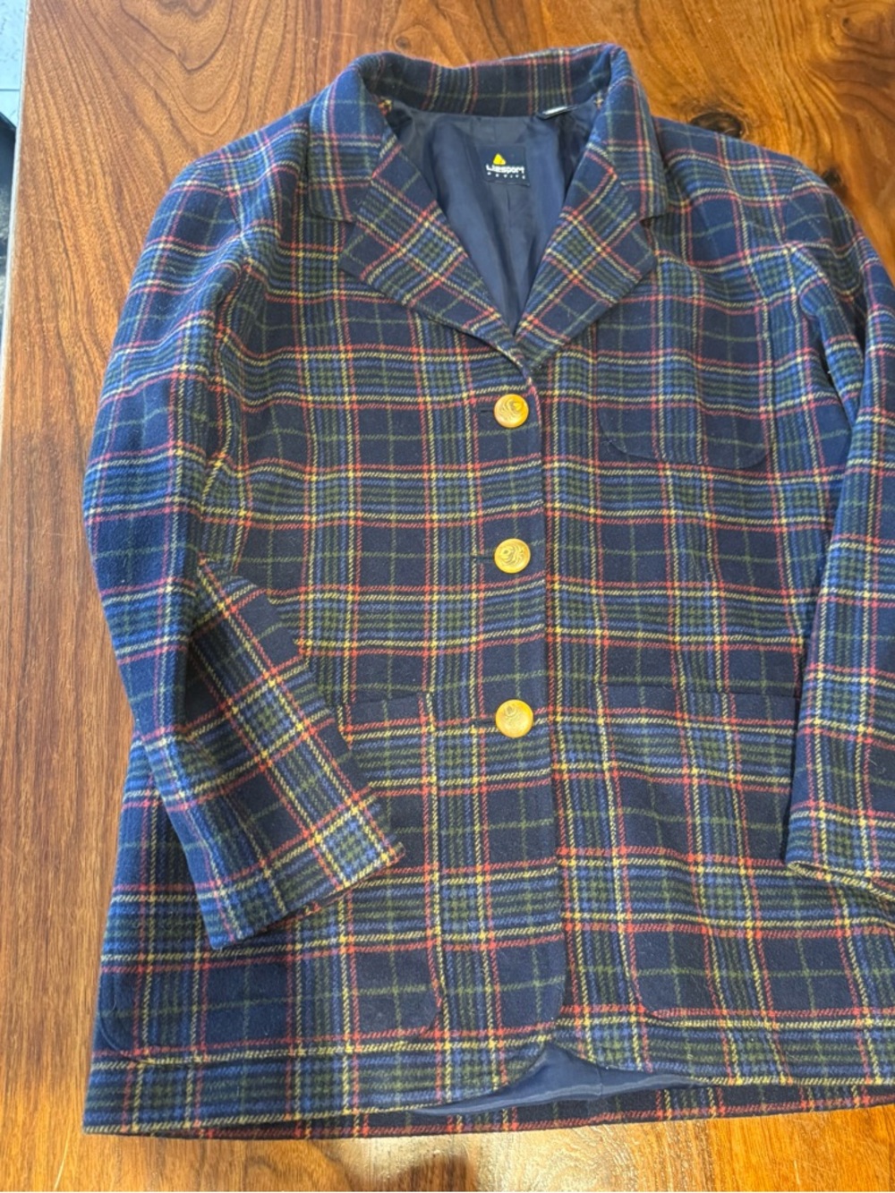 Liz Sport Navy Plaid Wool Blazer with Gold Buttons